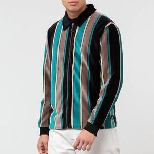 NWT Stussy Roland Stripe Long Sleeve Full Zip Shirt - Velour - Black Green - XXL
